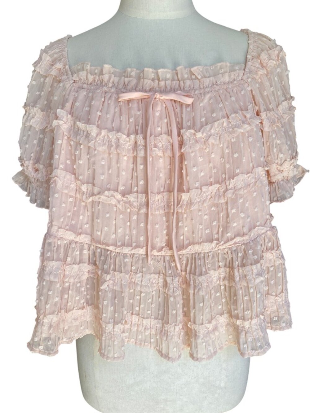 LovLov Pastel Pink Sheer Swiss Dot Tiered Ruffle Top Coquette Feminine Fairy-L